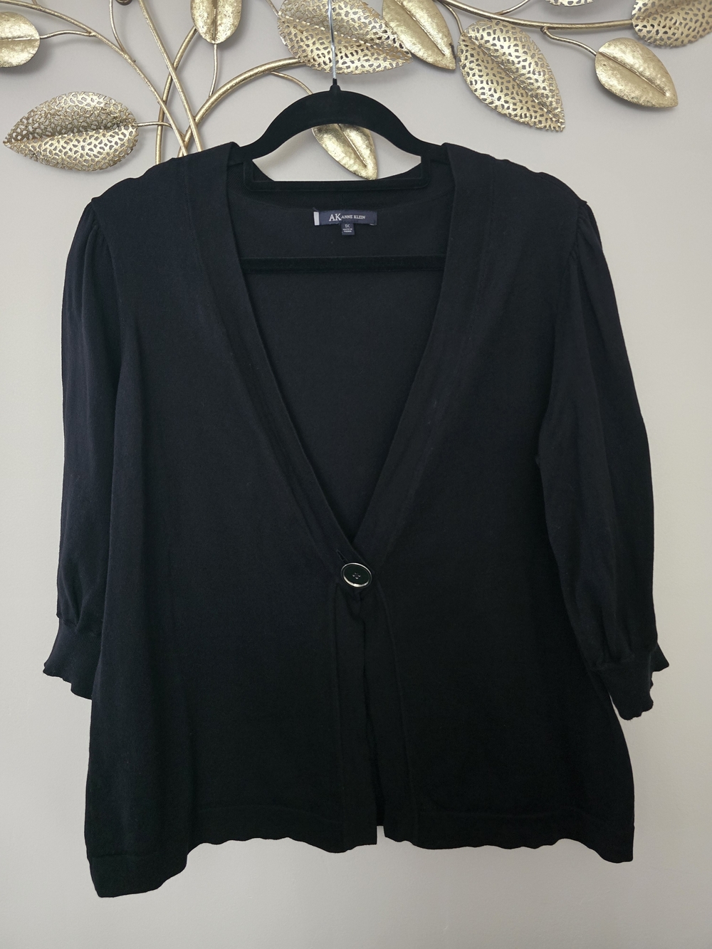 Anne Klein Black V-Neck Cotton Single-Button Cardigan 3/4 Sleeves Sz 1X